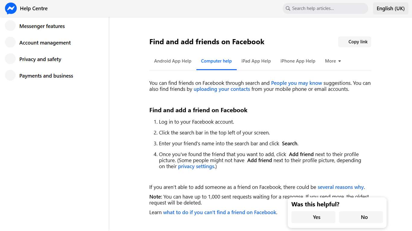Find and add friends on Facebook Messenger Help Centre